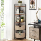 VECELO 5 Tier Corner Shelf with 2 Woven Basket, 55" Tall Standing Organizer, Rustic Brown Storage Rack, Narrow Bookshelf Display Shelves Rack for Wall Corner, Living Room, Kitchen, Bedroom, Office
