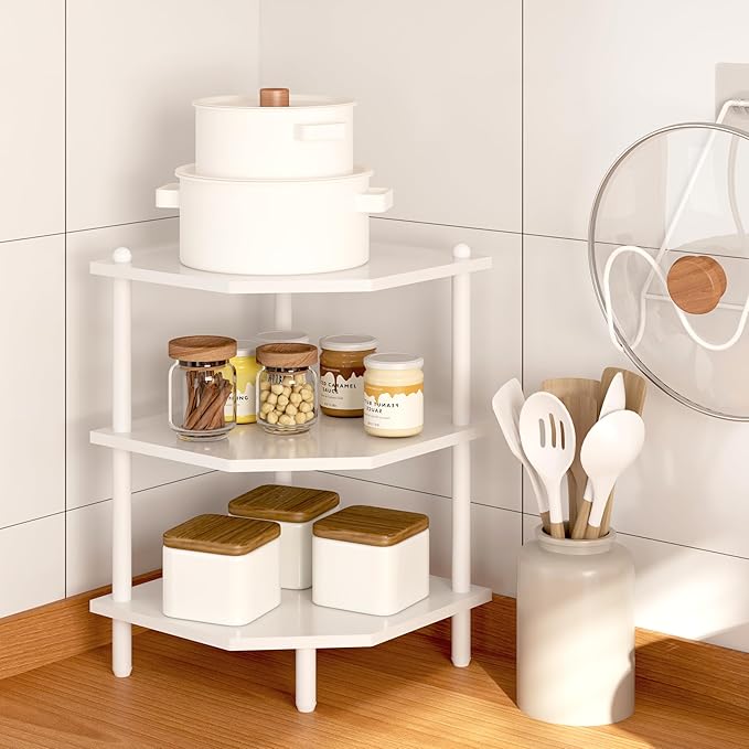Desktop Corner Stand Shelf for Storage, 3 Tier Corner Shelf Organizer, White Shelves Rack for Small Spaces, Home Office, Kitchen, Bathroom