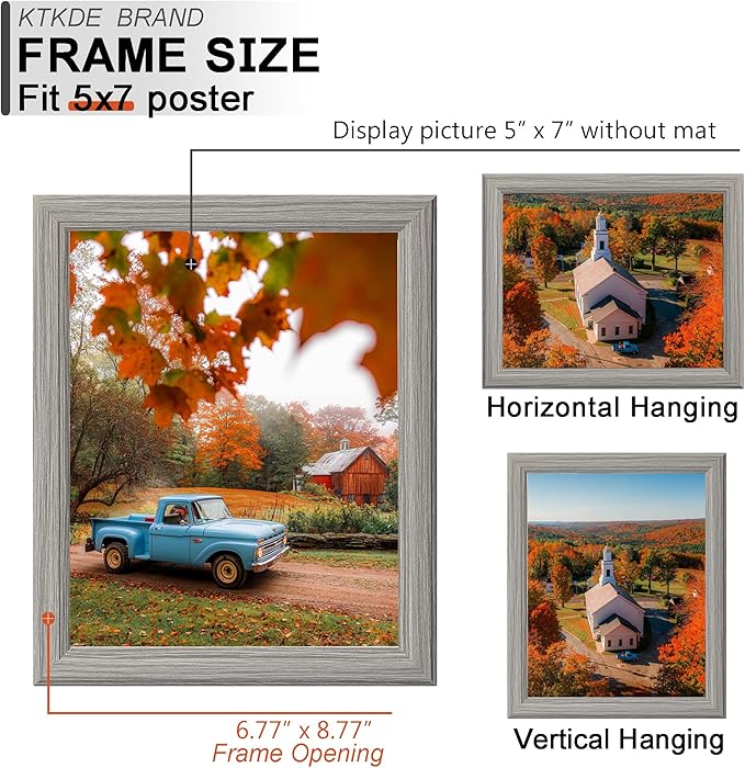 KTKDE 5x7 Picture Frame Set of 5,Grey Wooden frames, Vertical & Horizontal Wall Hanging for Wall or Tapletop Display,Studio Gallery Photo Frame for Photos, Posters & Art Prints