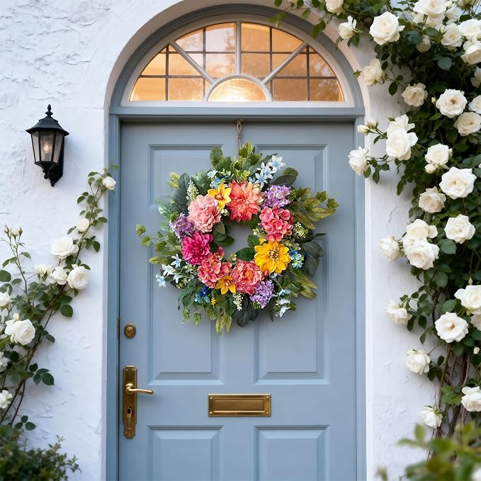 Spring Wreaths for Front Door, 24 Inch Spring Door Wreath with Yellow Dahlia,Pink Hydrangea Dahlia Peony Flower Wreath for All Season Outside Indoor Outdoor Home Porch Wall Decor
