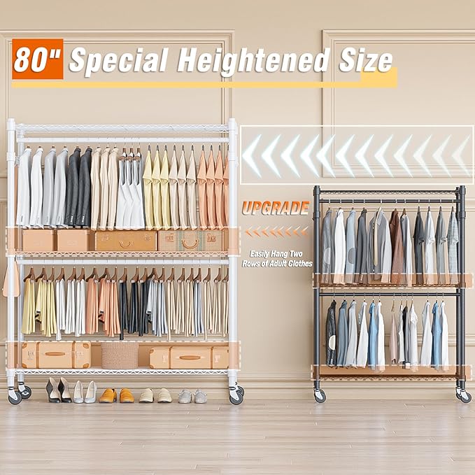 Homdox 3 Tier Garment Rack with Wheels, Portable Closets for Hanging Clothes Heavy Duty, Closet Racks and Shelving with Double Hanger Rods & Side Hooks, White