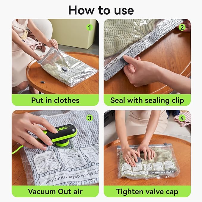 12 Pack Vacuum Travel Bags with Pump for Clothing with USB and TYPE C Pump,Carry-on Size Space Saver vacuum seal bags for clothing Storage Bags for Vacation Cruise（Green）