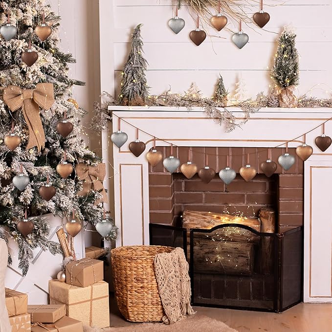 VioraWhite 18 Pcs Valentines Neutral Texture Heart Ornaments Bronze Rustic Heart Shaped Xmas Baubles Ornaments Farmhouse Copper Decorations for Tree Wreath Home Modern Holiday