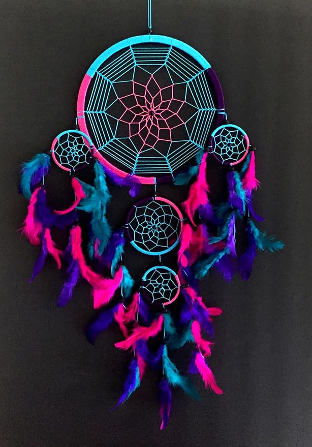 OMA Dream Catcher - Hand Made Traditional Tie Dye Colors Turquoise, Pink & Purple Feathers - 9" Diameter & 30" Long