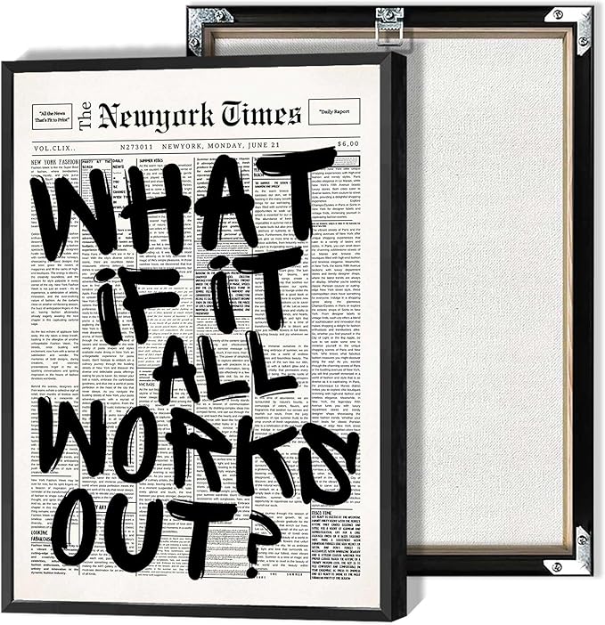 Retro Black And White Newspaper Poster What If It All Works Out Canvas Wall Art Positive Affirming Quote Minimalist Prints Painting For Home Bedroom Dorm Wall Decor 12x18in Framed