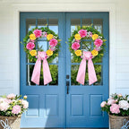 Livole 24 Inch Summer Spring Wreaths for Front Door Large Summer Door Wreath with Peony Rose Daisy for Indoor Outdoor Home Wall Farmhouse Patio Porch Window Decor