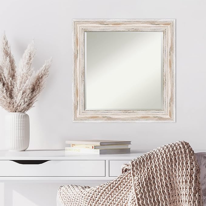 Amanti Art White Wall Mirror 25x25 Alexandria White Wash Square Bathroom Mirror for Wall Decor Living Room, Medium Cottage Wood Frame, Hangs Horizonally and Vertically, Bathroom Decor, Beveled Edge