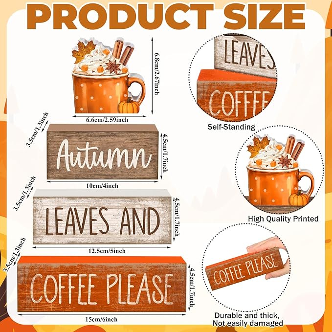 Lineshading 4 Pcs Fall Decorations for Home Wooden Hot Cocoa Coffee Block Sign Thanksgiving Tiered Tray Decor Thanksgiving Centerpiece Rustic Fall Table Decor for Autumn Harvest Party Home Kitchen