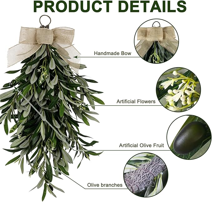 22" Artificial Olive Branch Swag, 1-Pack Realistic Greenery Swag with Olive Fruit/Green Leaves/Artificial Flowers, Seasonal Olive Branch Wreath for Front Door, Indoor & Outdoor Decor
