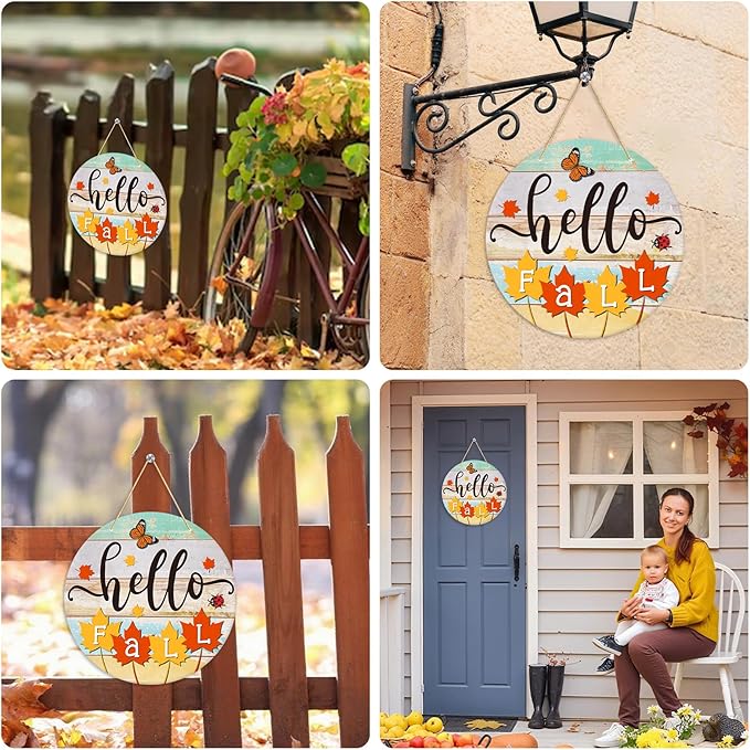 PETCEE Hello Fall Door Sign - 11.5" Farmhouse Maple Leaf Front Door Decor Welcome Hanger Wreaths for Home Office Autumn Fall Decor Wall Decorations Reusable Seasonal Sign for Kitchen Classroom Porch