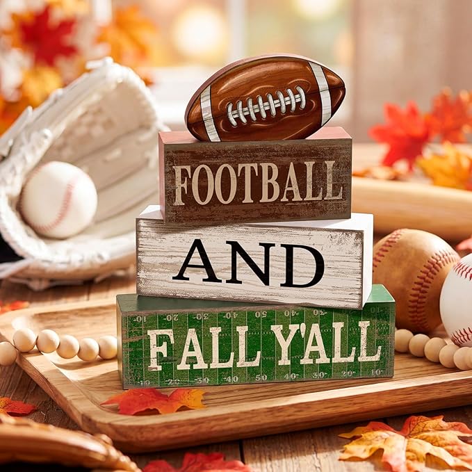 Lineshading 4 Pcs Football Table Decorations Football & Fall Wooden Stacked Block Decor Sport Game Centerpiece Decorative Rugby Block Gift for Fans Club Tailgate Birthday Party Shelf Fireplace Decor