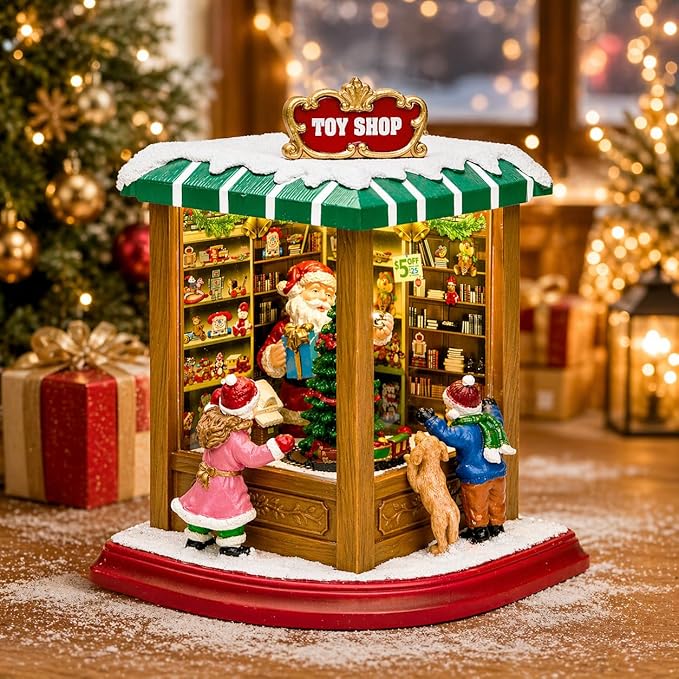 MOMENTS IN TIME Lighted Santa’s Christmas Village Shop LED Lights, Music & Animation Battery Operated 8.8” Holiday Building Christmas Decoration