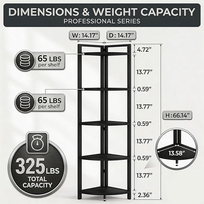 FATORRI Rustic Tall Corner Shelf, 5 Tier Industrial Corner Bookshelf for Living Room, Dark Wood and Metal Corner Plant Stand for Balcony (Black)
