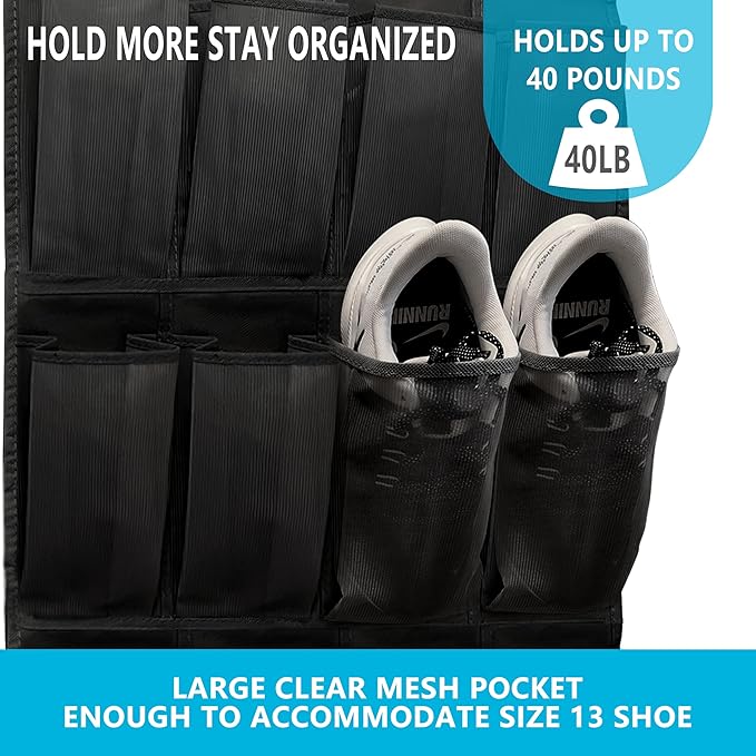 Over The Door Shoe Organizer with 24 Large Breathable Mesh Pockets Sturdy Closet Door Shoe Storage Holder Hanging SimpleHouseware Men Women Kids Shoe Holder for Rack (Black)