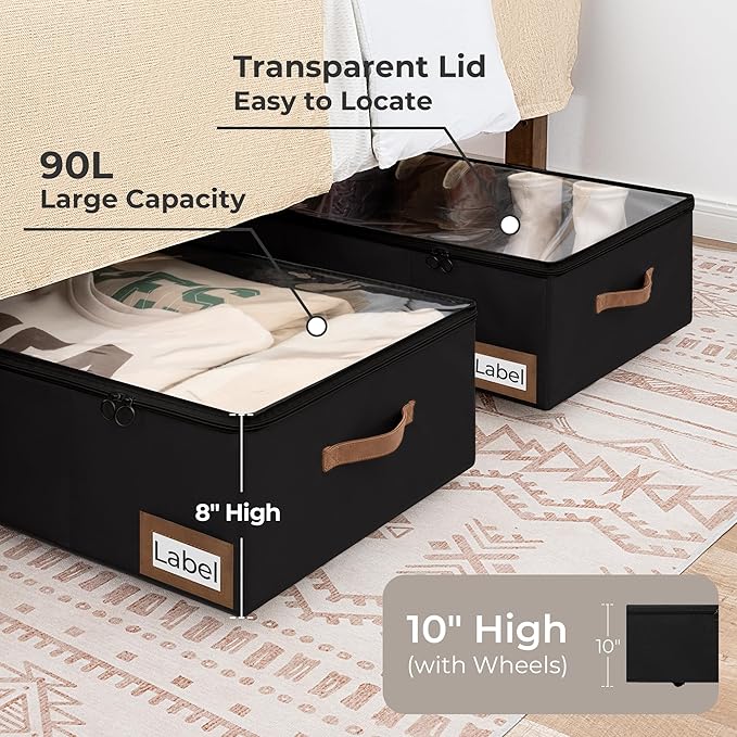 StorageWorks Under Bed Storage with Wheels, 10" Underbed Storage Containers with Lid, 90L Clothes Organizer for Blankets, Sweaters, Bedding, 2-Pack, Black