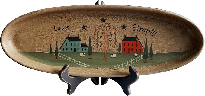 CVHOMEDECO. Primitive Rustic House Willow Tree Sheep Wood Decorative Plate Oval Crackled Display Wooden Plate Home Décor Art, 15-1/2 X 5-3/4 Inch