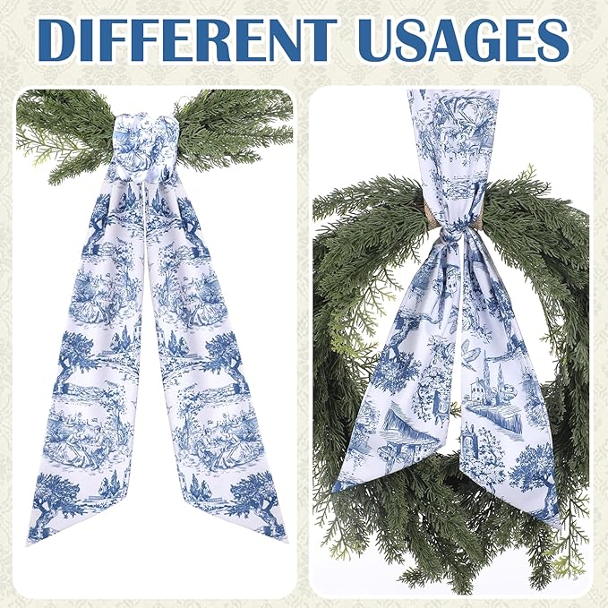 Blue French Toile Sash for Wreaths - 2 Pcs Rustic Wreath Sashes for Front Door Kitchen Cabinet, Wreath Sash for Monogram Embroidery Farmhouse Home Decor