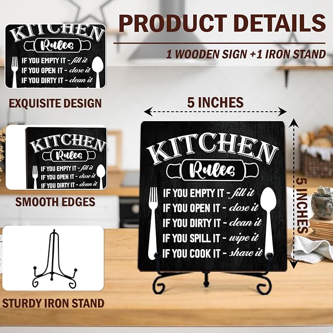 DETIHO Funny Kitchen Decor, Rustic Kitchen Decorations Wood Sign with Iron Stand, Black Wooden Box Sign for Home Dining Room - G05