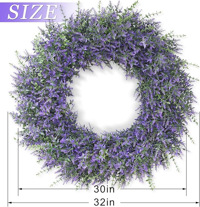 32" Lavender & Eucalyptus Wreath for Front Door, Porch, Window - Large Artificial Greenery Outdoor Wreath for Home, Farmhouse Decor - Spring, Summer, Fall, All Seasons (Purple)