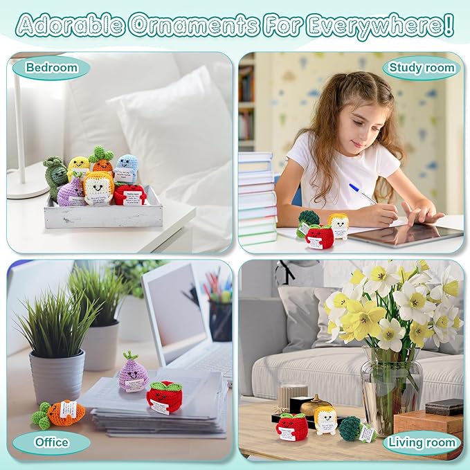 VioraWhite 18 Pcs Positive Vegetables Emotional Dolls Bulk Support Encouragement Emotional Knitted Crochet Gifts with Positive Words for Friends Coworker Decorations for Home Office