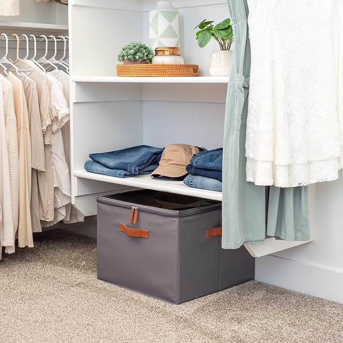 OrganiHaus Large Shoe Storage Bin for Closet, Shoe Organizer Box Fits up to 16 Pairs, Collapsible Fabric Shoe Basket w/Clear Cover, Adjustable Dividers & Reinforced Handles, Grey