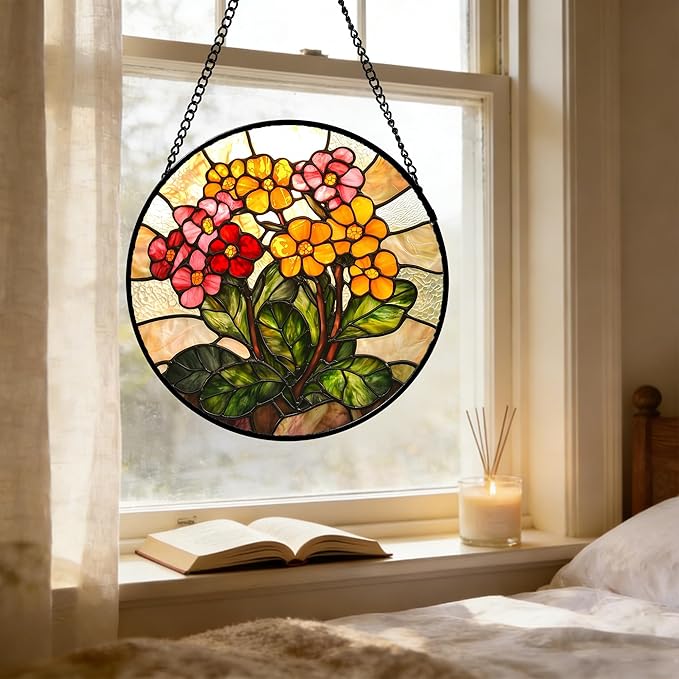 Stained Glass Window Hanging, Yellow Red Flowers Sun Catcher for Window Door Home Decor Green Plant Suncatcher Christmas Mother's Day Birthday Gifts for Women Men Mom and Nana 11.8 in