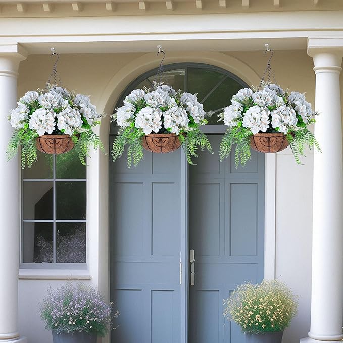 Artificial Flowers in Hanging Basket Planter for Home Spring Summer Decoration, Silk Hydrangea Outdoor Indoor Arrangements, 12" Metal Coconut Lining Basket with Faux Plant(Light Green)