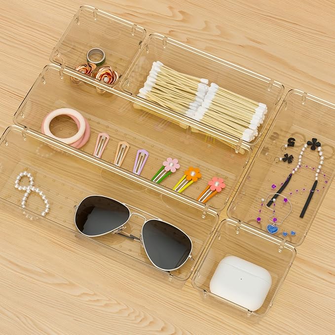 WOWBOX 6 Pack Clear Drawer Organizer Set, Acrylic Drawer Storage Trays, Storage Bins for Makeup, Cosmetics, Jewelries, Utensils, Gadgets, Office, Champagne