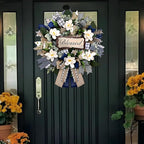 Waipfaru Spring Summer Wreaths for Front Door, 22 Inch Magnolia Wreath with Eucalyptus & Blue Grey Burlap Bow, Front Door Wreath for Farmhouse Porch Outdoor Decor Outside All Season (1 Pcs)