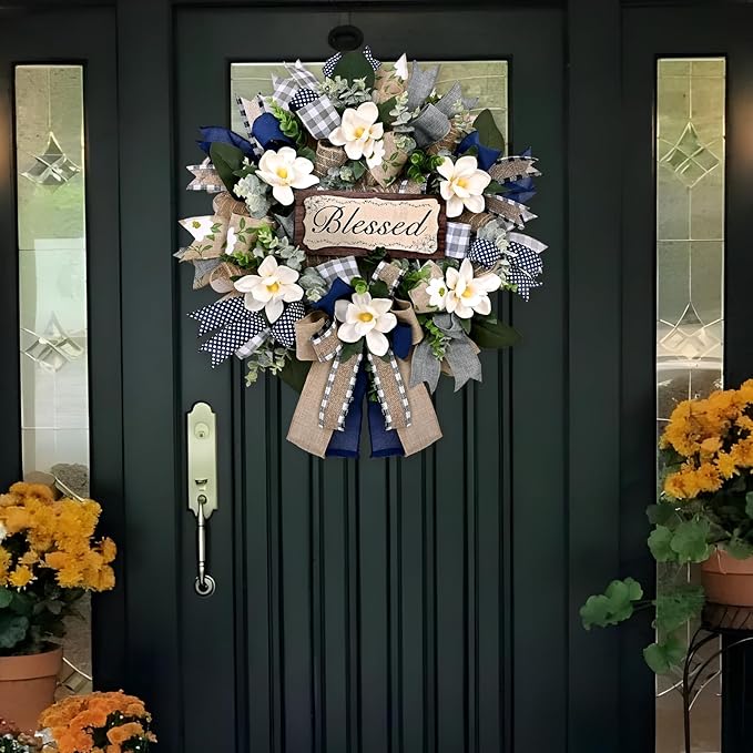 Waipfaru Spring Summer Wreaths for Front Door, 22 Inch Magnolia Wreath with Eucalyptus & Blue Grey Burlap Bow, Front Door Wreath for Farmhouse Porch Outdoor Decor Outside All Season (1 Pcs)
