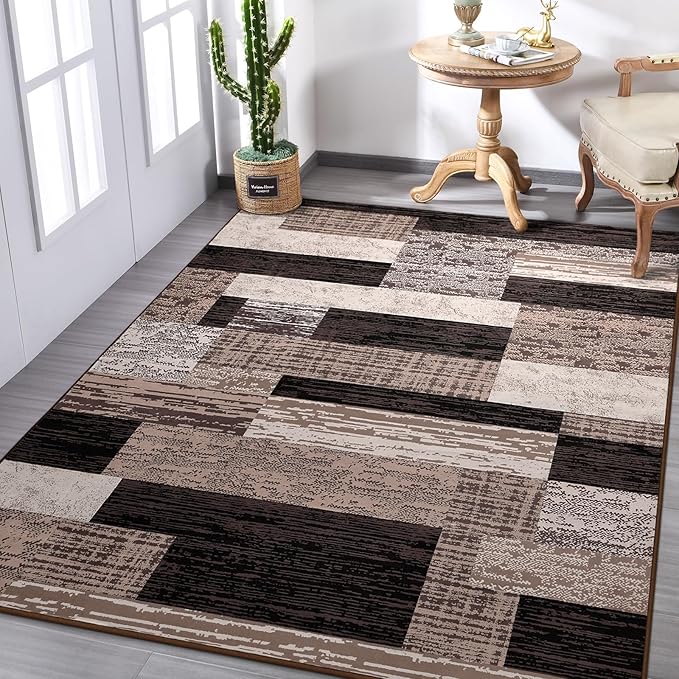 FlyDOIT Modern Geometric Patchwork Area Rug, 5x8 Chocolate Large Rugs for Living Room, Rockwood Collection Indoor Rugs for Bedroom, Throw Carpet Floor Decor for Entryway Dining Room Office Nursery
