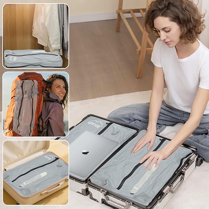 ONTYZZ Vacuum Bags for Travel, Reusable Vacuum Compression Bag, Recycled IPX8 Waterproof Space Saver Bag for Luggage/Camping/Home Storage (3 Pack with Air Pump-Grey)