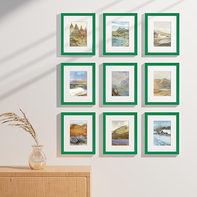 Vittanly 8x10 Picture Frames Set of 9, Shatter Resistant Plexiglass, Display 5x7 Pictures with Mat or 8x10 without Mat, Photo Frames for Wall or Tabletop, Engineered Wood, Green