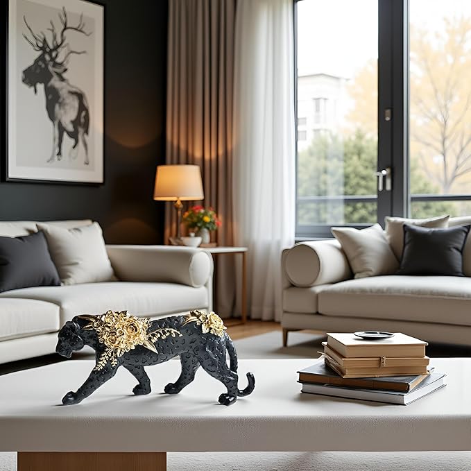 Cheetah Statue Black Gold Leopard Sculpture Home Decor Leopard Sculpture Resin Handmade Sitting Suitable for Living Room Table Center Bedroom Gift for Woman Father