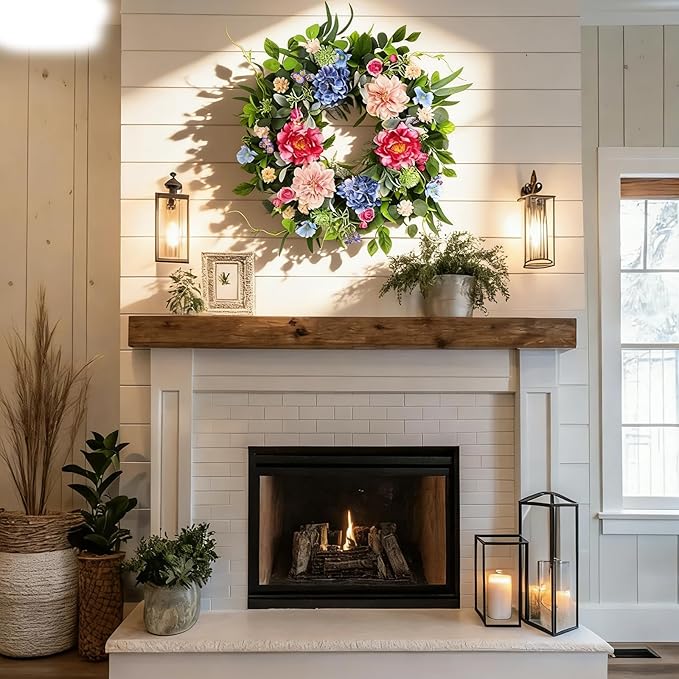 24 Inch Spring Wreaths for Front Door, Artificial Front Door Wreath with Daisy Peony Hydrangea Eucalyptus Green Leaves, Outside Floral Wreath for Home Porch, Home Decor for Indoor Outdoor Window Wall