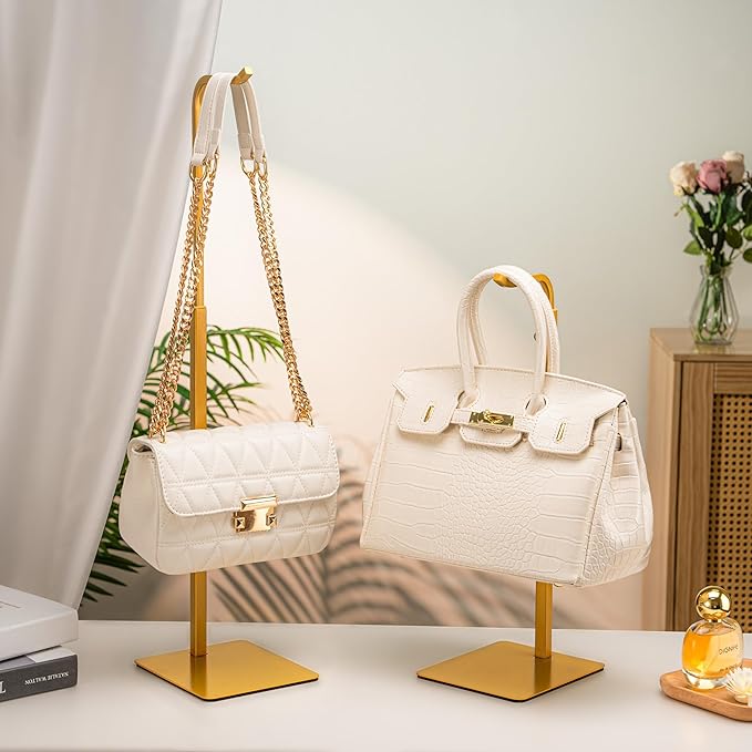 2 Pack Purse Holder Handbag Display Stand: Gold Hanger Rack for Bags, Purses, and Wreath, Adjustable Hook Stand for Tabletop, Closet, and Retail Use for Vendors