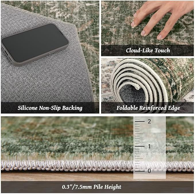 Washable 5x7 Area Rugs for Living Room, Boho Non-Slip Vintage Distress Rugs for Bedroom Dining Room Nursery Office, 0.3" Neutral Oriental Throw Thin Carpet with Cushioning Pad, Grass Green/Multi