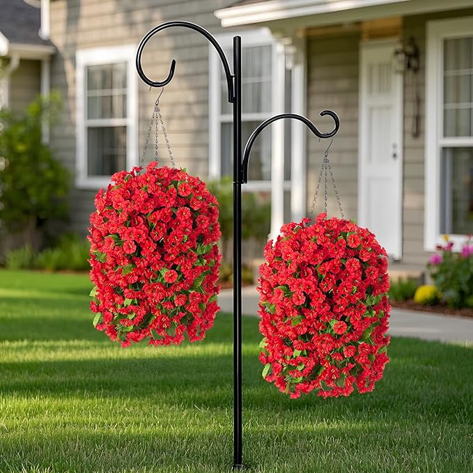 Artificial Faux Hanging Flowers Basket for Spring Summer Outdoor Outside Porch Decoration, Fake Silk Colorful Morning Glory Eucalyptus UV Resistant Look Real for Home Patio Balcony Yard(Red)
