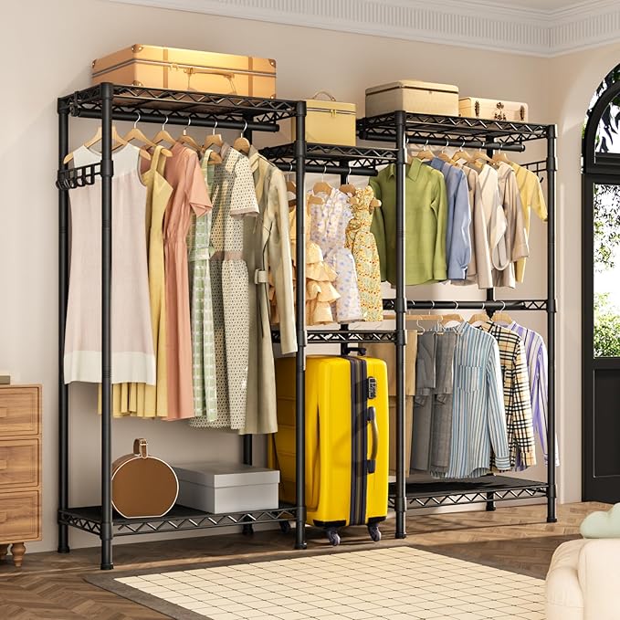 Heavy Duty Garment Rack Clothes Rack,Large Metal Closet Organizer System Storage Wardrobe,Freestanding Clothing Rack Black 15.75" D x 77.5" W x 77" H
