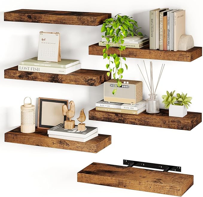 Fixwal 15.7in Floating Shelves, Set of 6 Wood Shelves, Farmhouse Shelf Wall Decor for Bathroom, Bedroom, Living and Kitchen Room (Rustic Brown)