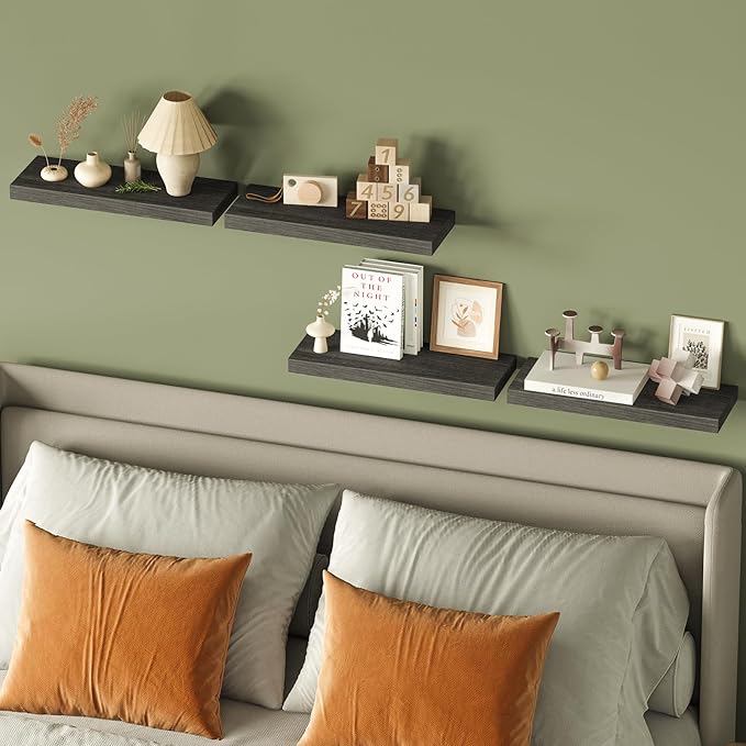 Fixwal 15.7in Floating Shelves, Rustic Wood Finish Wall Shelves Set of 4, Shelves for Wall Decor, with Invisible Brackets for Bathroom, Living Room,Bedroom and Kitchen(Gray)