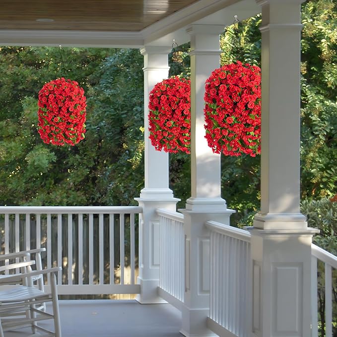 Artificial Faux Hanging Flowers Basket for Spring Summer Outdoor Outside Porch Decoration, Fake Silk Colorful Morning Glory Eucalyptus UV Resistant Look Real for Home Patio Balcony Yard(Red)