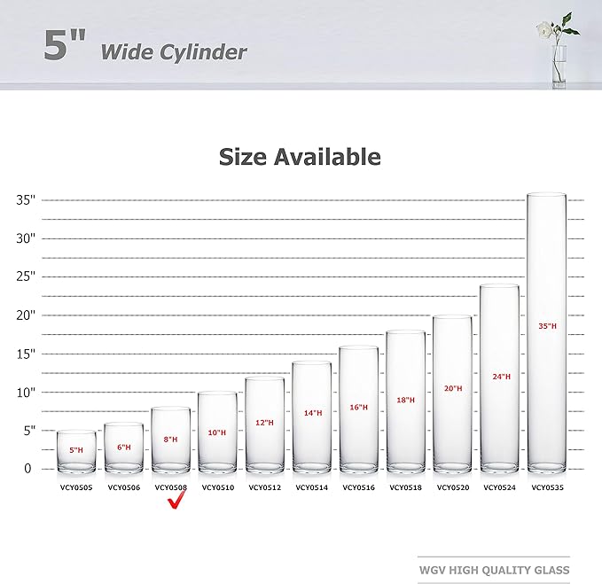 WGV Cylinder Vase, Diameter 5", Height 8", Clear Glass Floral Planter Container, Floating Candle Holder for Wedding Party Event Home Office Decor, 1 Piece
