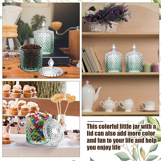 Aoriher 4 Pcs Crystal Glass Candy Jar Set with Lids Home Decorative Storage Jars for Apothecary, Bathroom, Kitchen, and Pantry, Ideal for Cotton Swabs and Jewelry (Medium,Gradient Green)