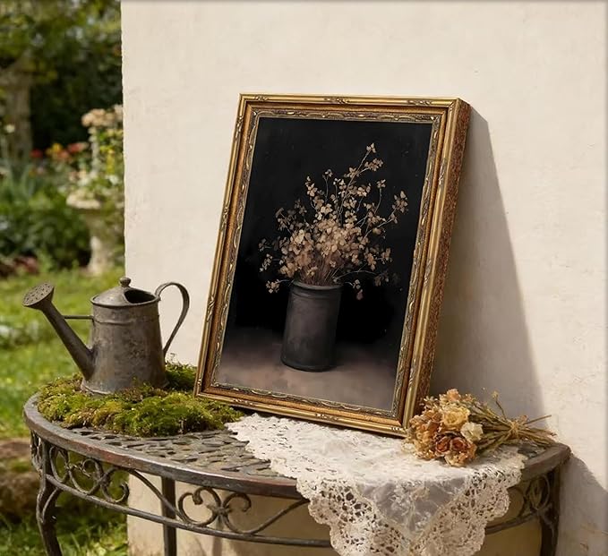 Vintage Gold Framed Wall Art Fall Dried Flowers Antique Vase Country Oil Painting Canvas Prints Dark Moody Rustic Still Life Picture Gothic Victorian Botanical Poster Artwork for Bedroom,16x24in
