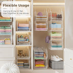 4" Extra Deeper Foldable Hanging Closet Organizer, Small Wire Cabinet Shelves and Storage with 5 S Hooks,4 Tier Metal Basket Bins for Clothes Sweaters Handbags, Wardrobe for Kitchen Laundry Room，White