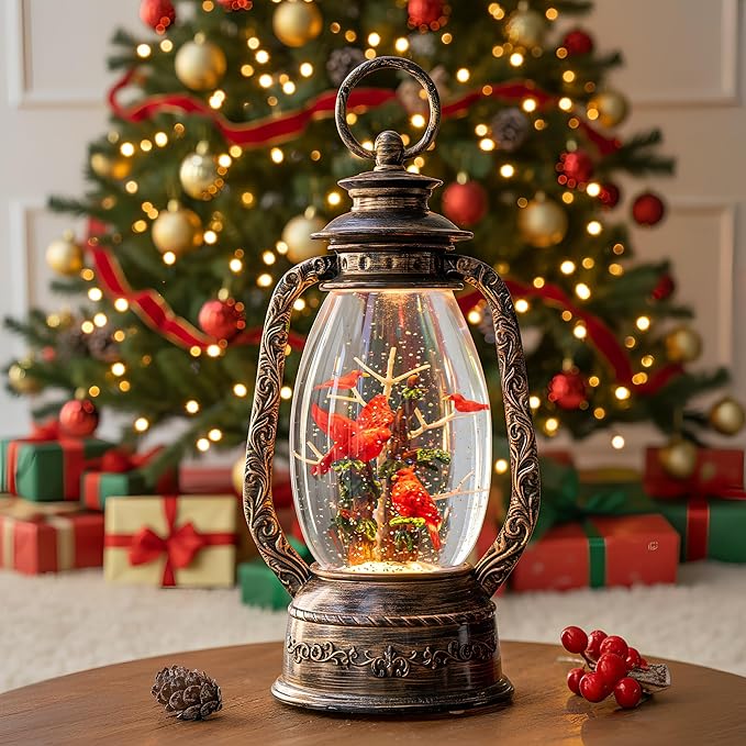 Christmas Snow Globe Lantern Water Glittering 12'' Cardinal with Music, USB Lined/Battery Operated Lighted Lantern for Christmas Festival Decoration Gifts