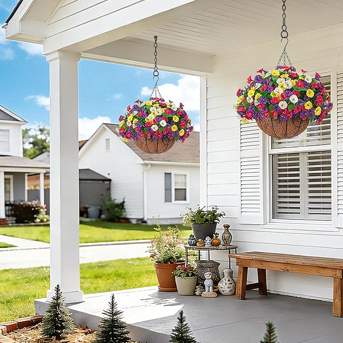 Artificial Fake Hanging Flowers with Basket, Faux Silk Morning Glory Flower Arrangement for Spring Summer Decor, Hanging Plant for Patio Garden Porch Outdoor Decor