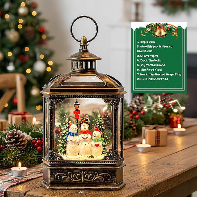 Christmas Snow Globe Swirling Glittering Snowman Choir with Music & Timer, USB Lined/Battery Operated Lighted Water Lantern for Christmas Festival Decoration Gifts