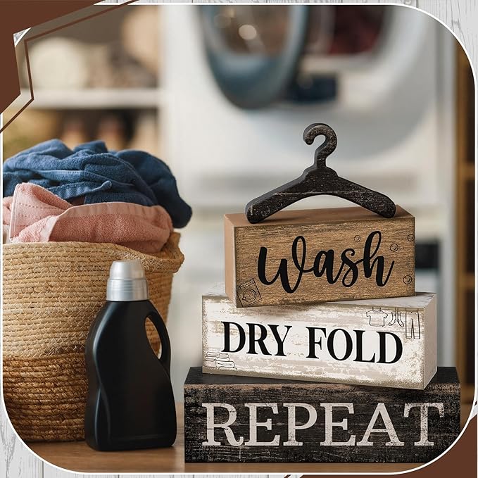 Moucuny 4 Pcs Farmhouse Laundry Room Decor Stacked Blocks, Wash Dry Fold Repeat Wooden Sign Set with Vintage Hanger - Rustic Home Shelf Decor for Laundry Area Housewarming Gift